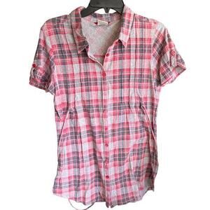 Vintage Unionbay pink plaid jersey knit tan sleeve tie backback camp shirt sz XL